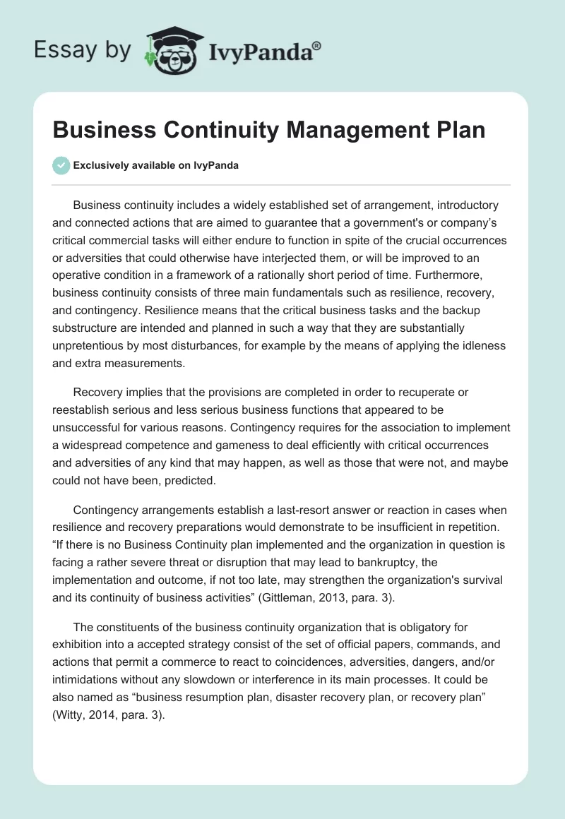 Business Continuity Management Plan. Page 1