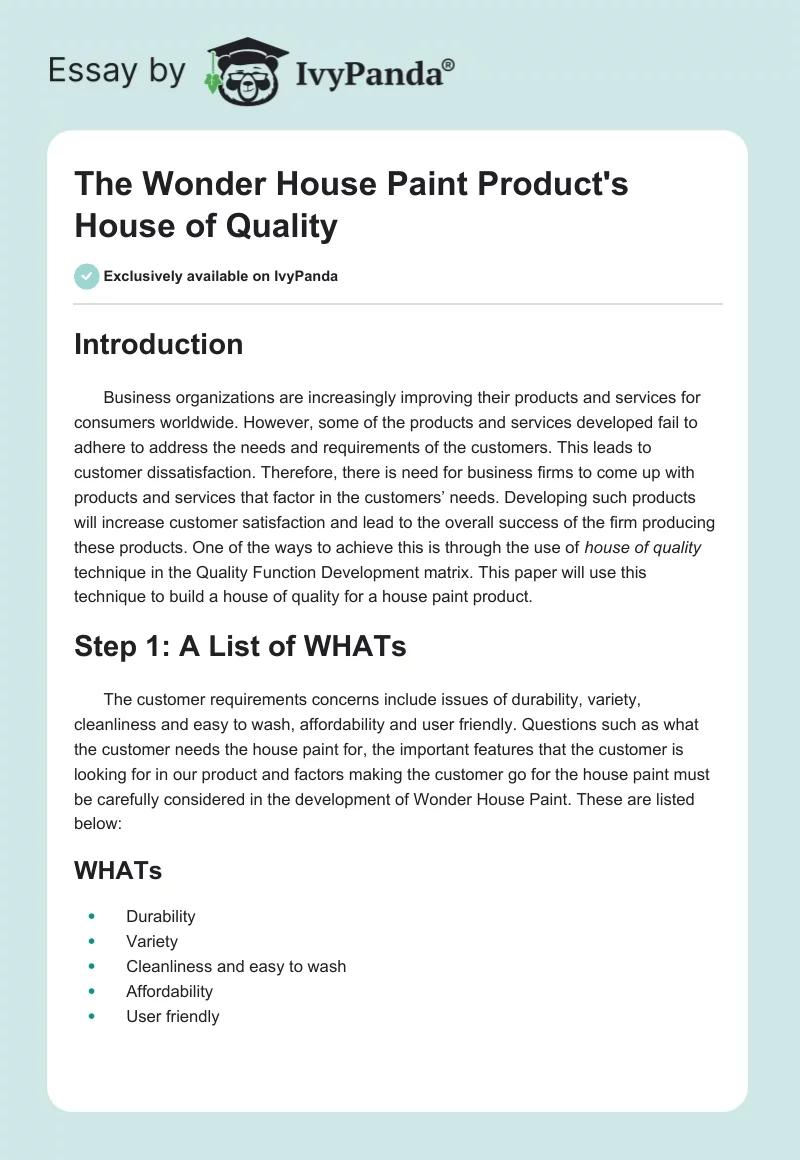 The Wonder House Paint Product's House of Quality. Page 1