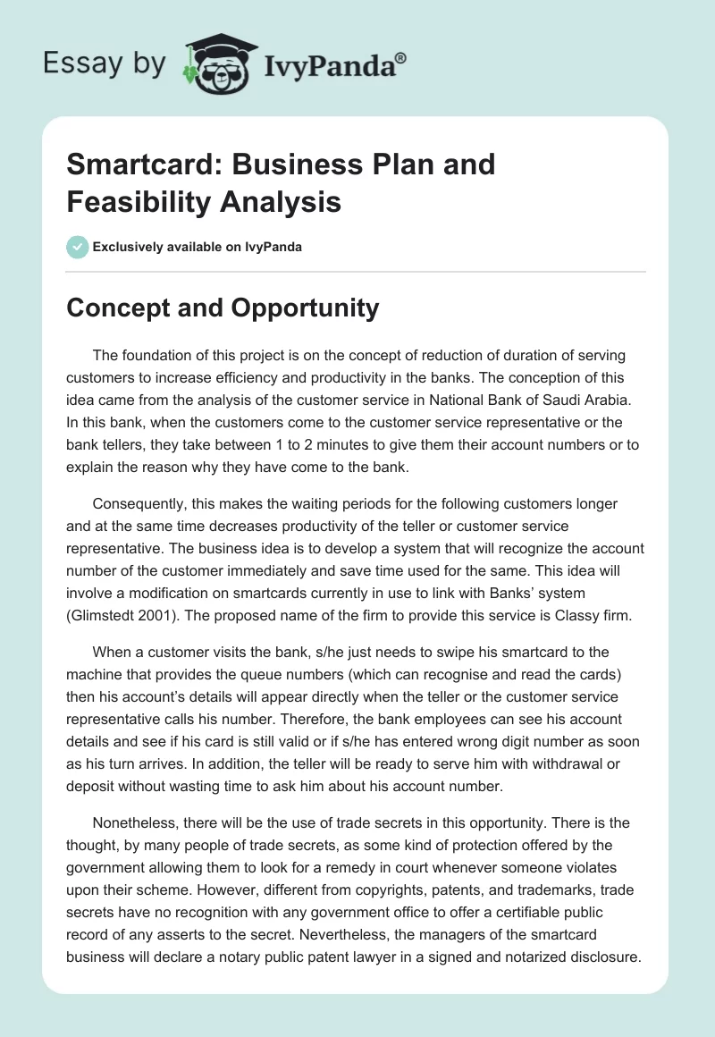 Smartcard: Business Plan and Feasibility Analysis. Page 1