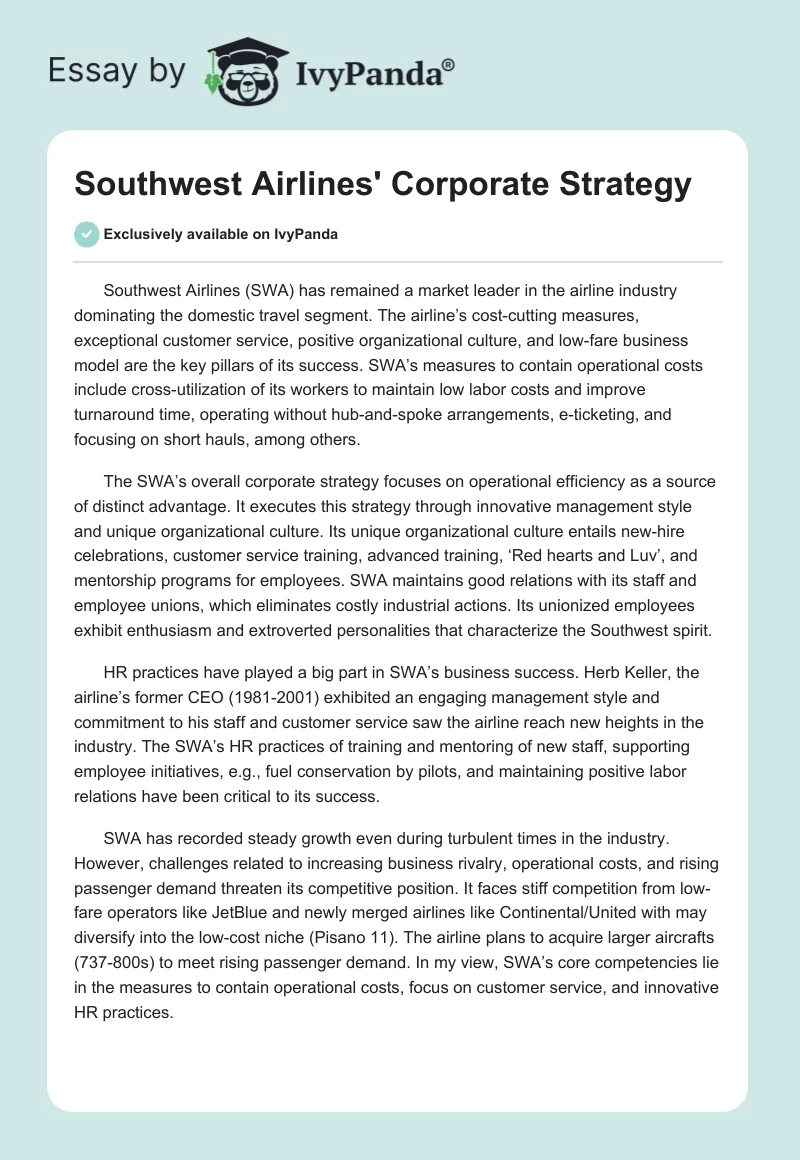 Southwest Airlines' Corporate Strategy. Page 1