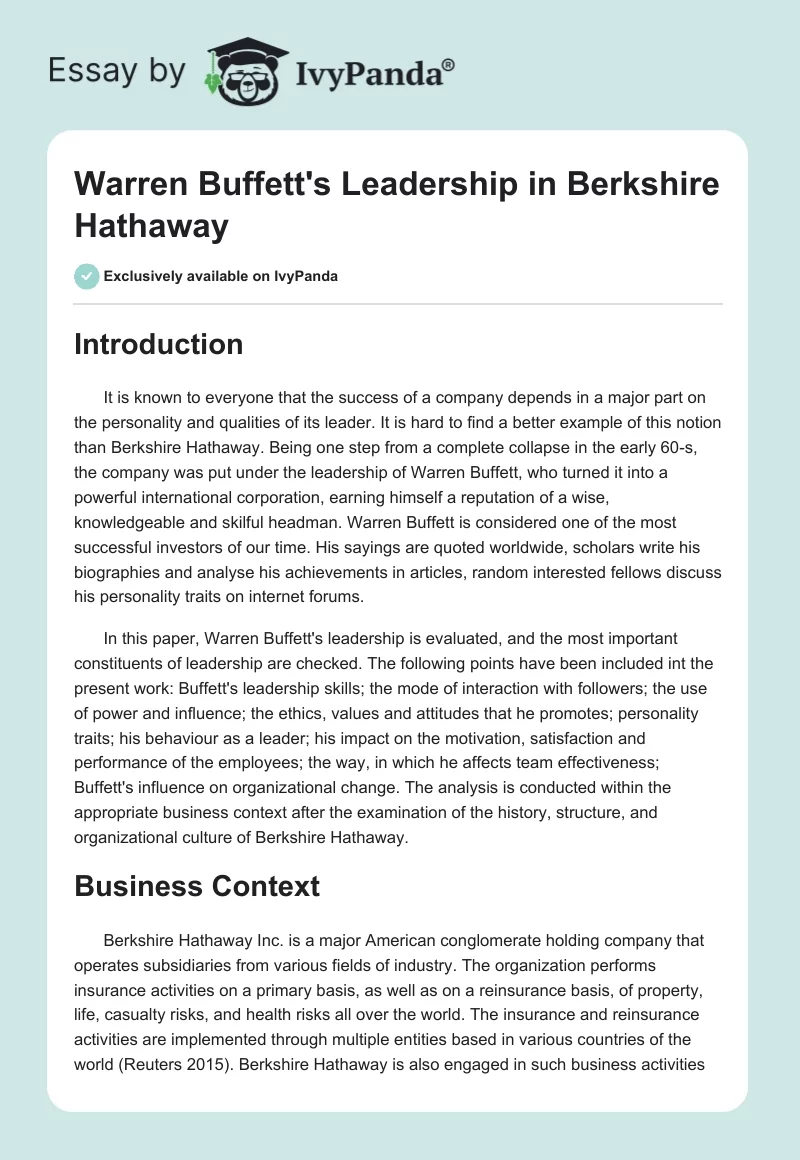Warren Buffett's Leadership in Berkshire Hathaway. Page 1
