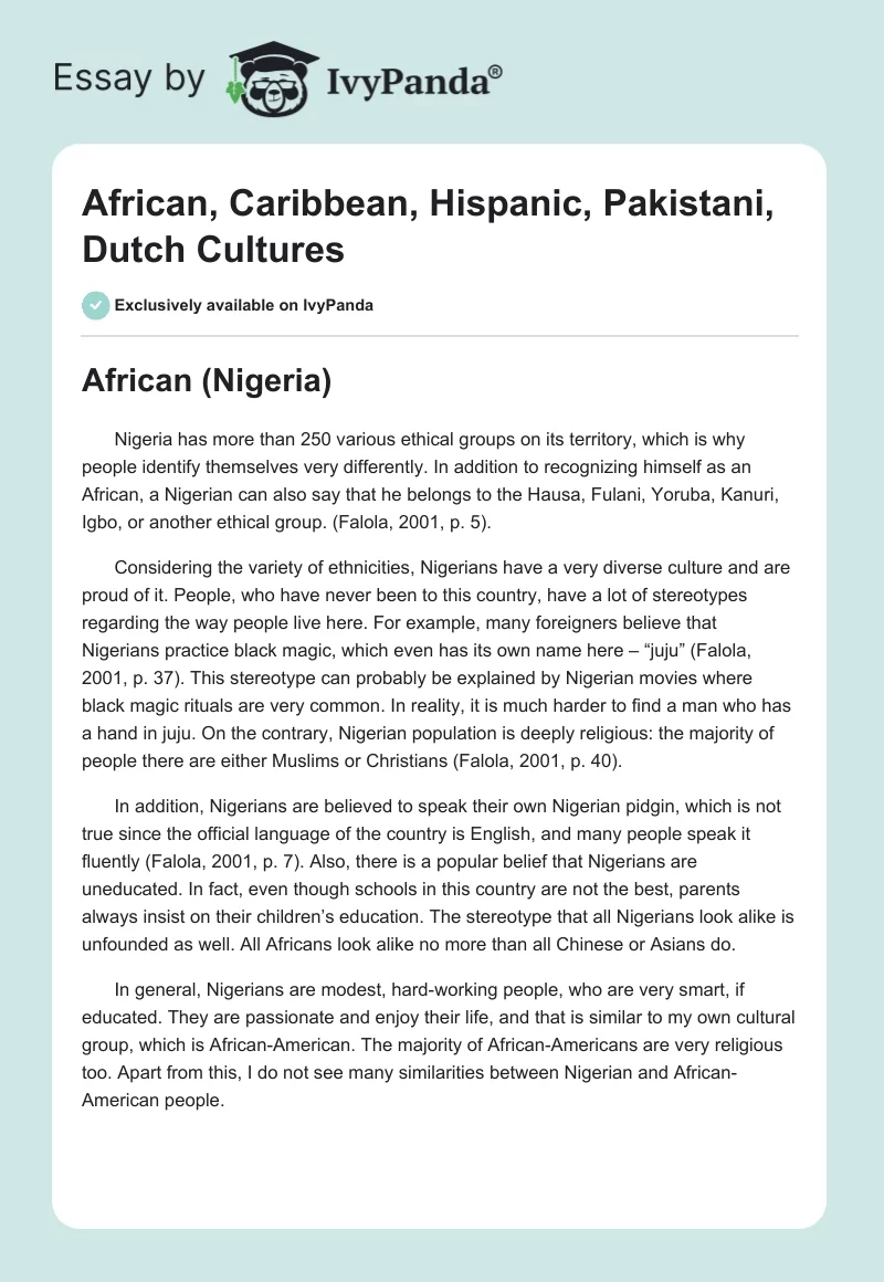 African, Caribbean, Hispanic, Pakistani, Dutch Cultures. Page 1