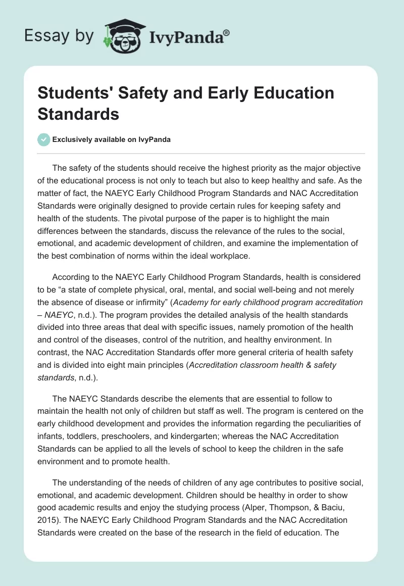Students' Safety and Early Education Standards. Page 1