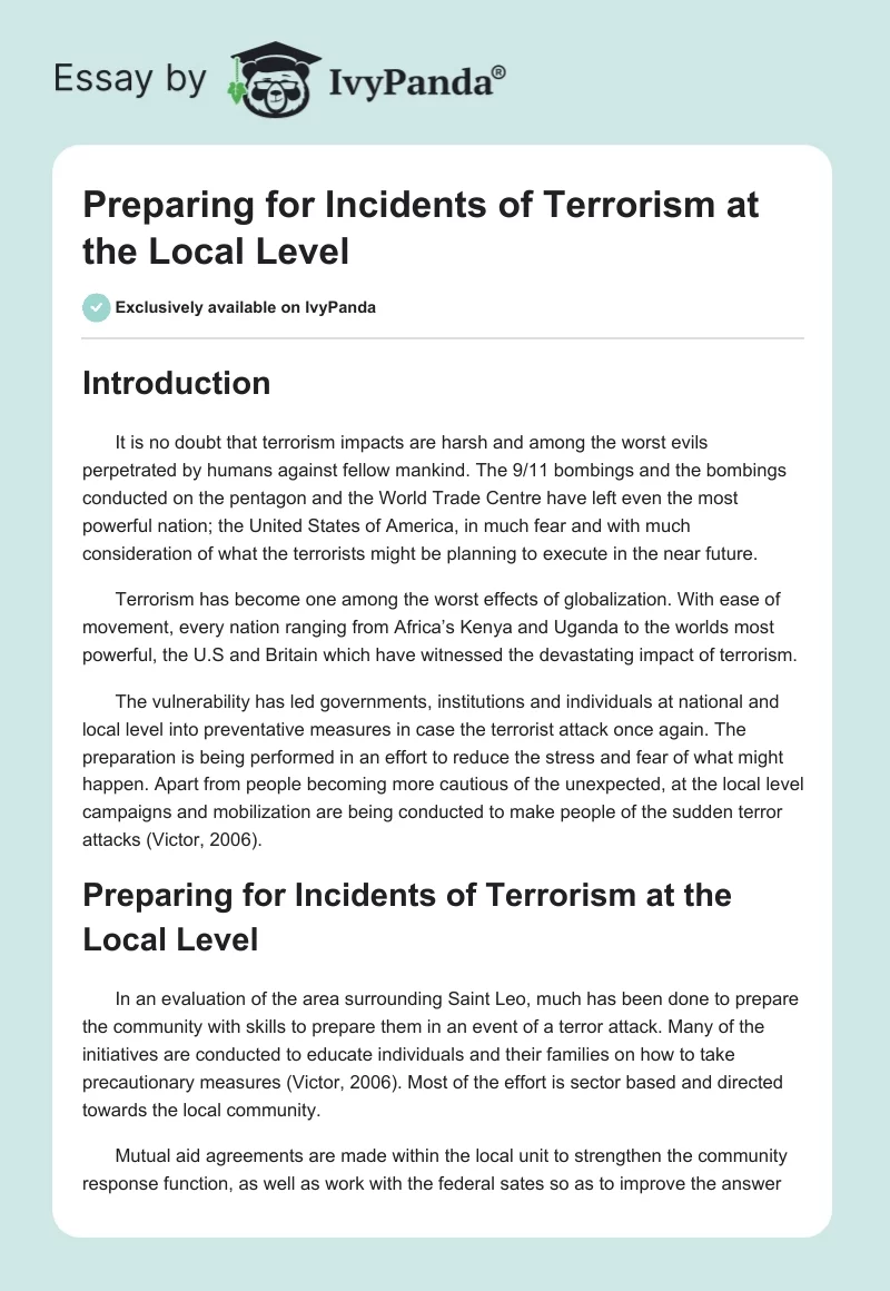 Preparing for Incidents of Terrorism at the Local Level. Page 1