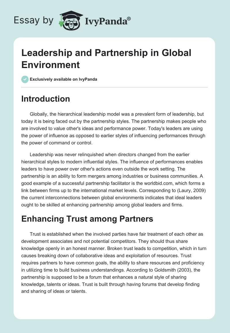 Leadership and Partnership in Global Environment. Page 1