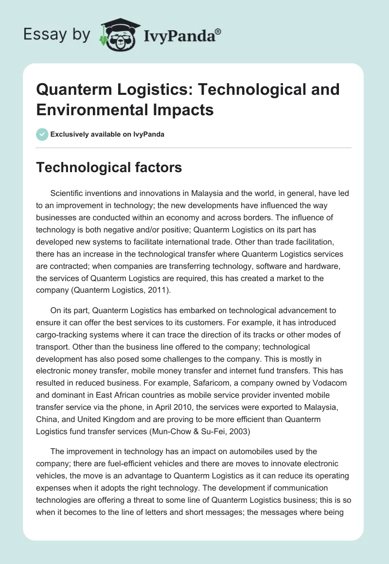 Quanterm Logistics: Technological and Environmental Impacts. Page 1
