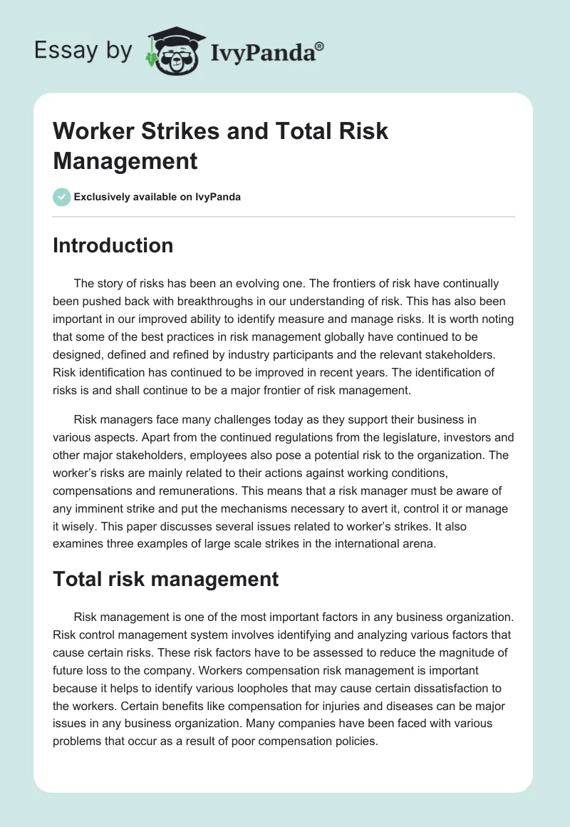 Worker Strikes and Total Risk Management. Page 1