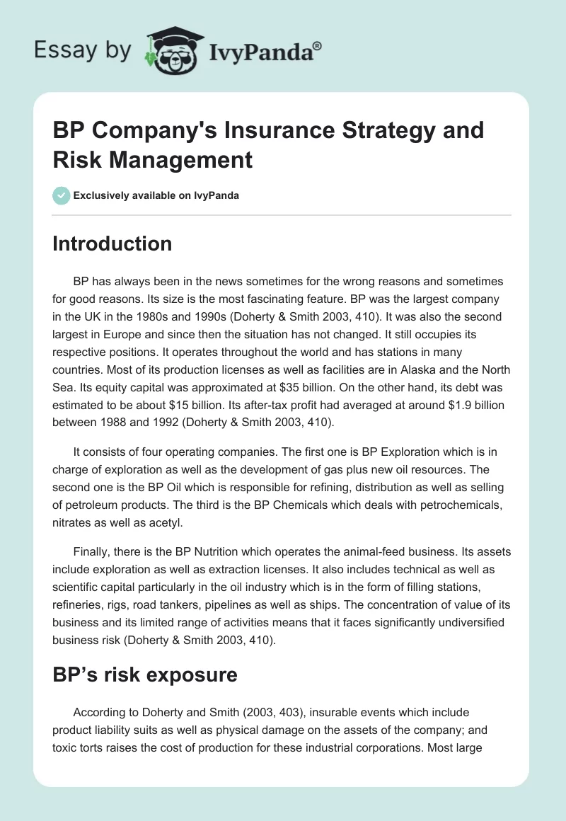 BP Company's Insurance Strategy and Risk Management. Page 1