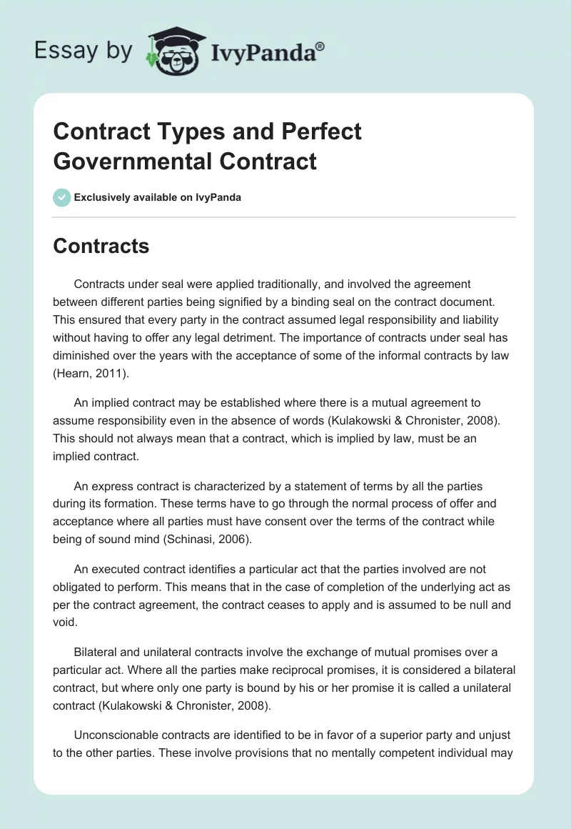 Contract Types and Perfect Governmental Contract. Page 1