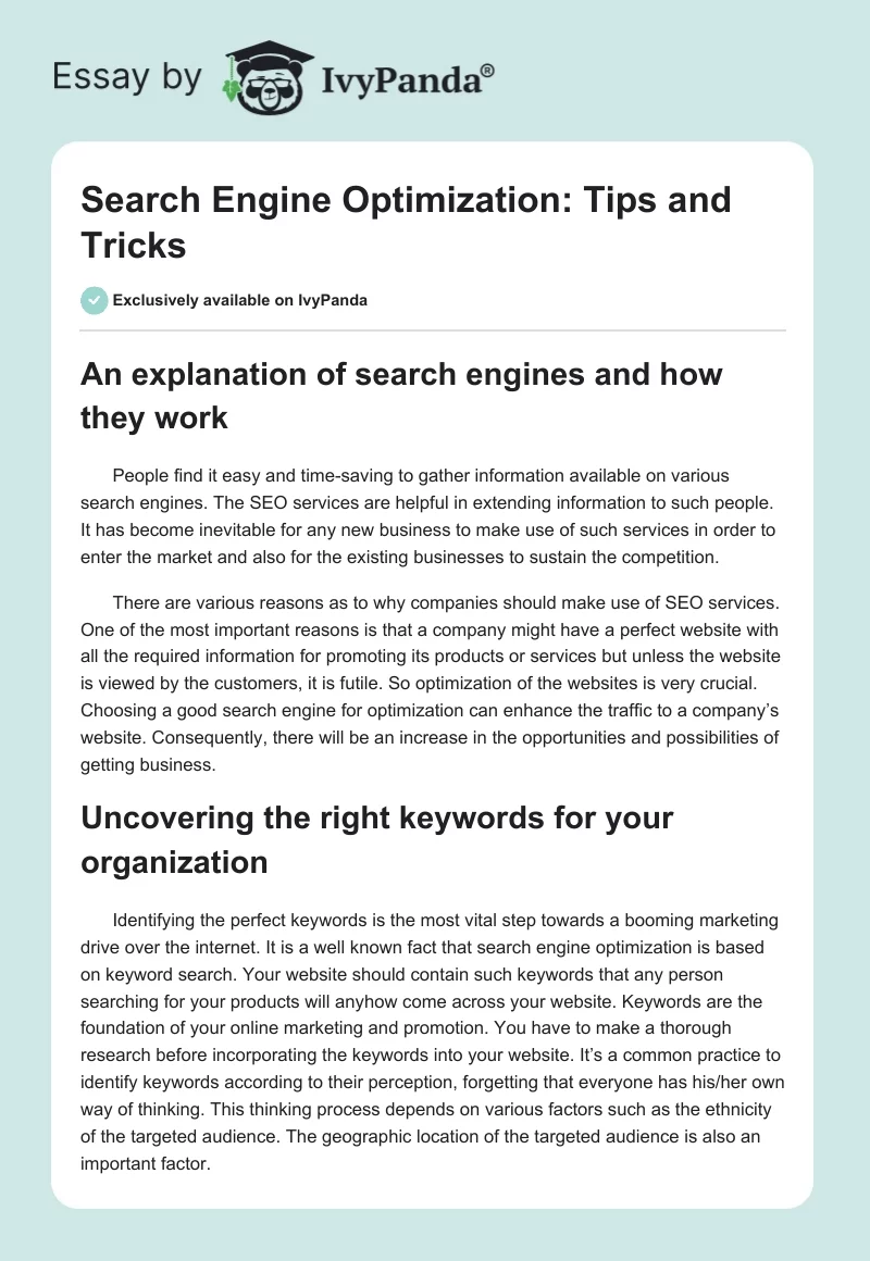 Search Engine Optimization: Tips and Tricks. Page 1
