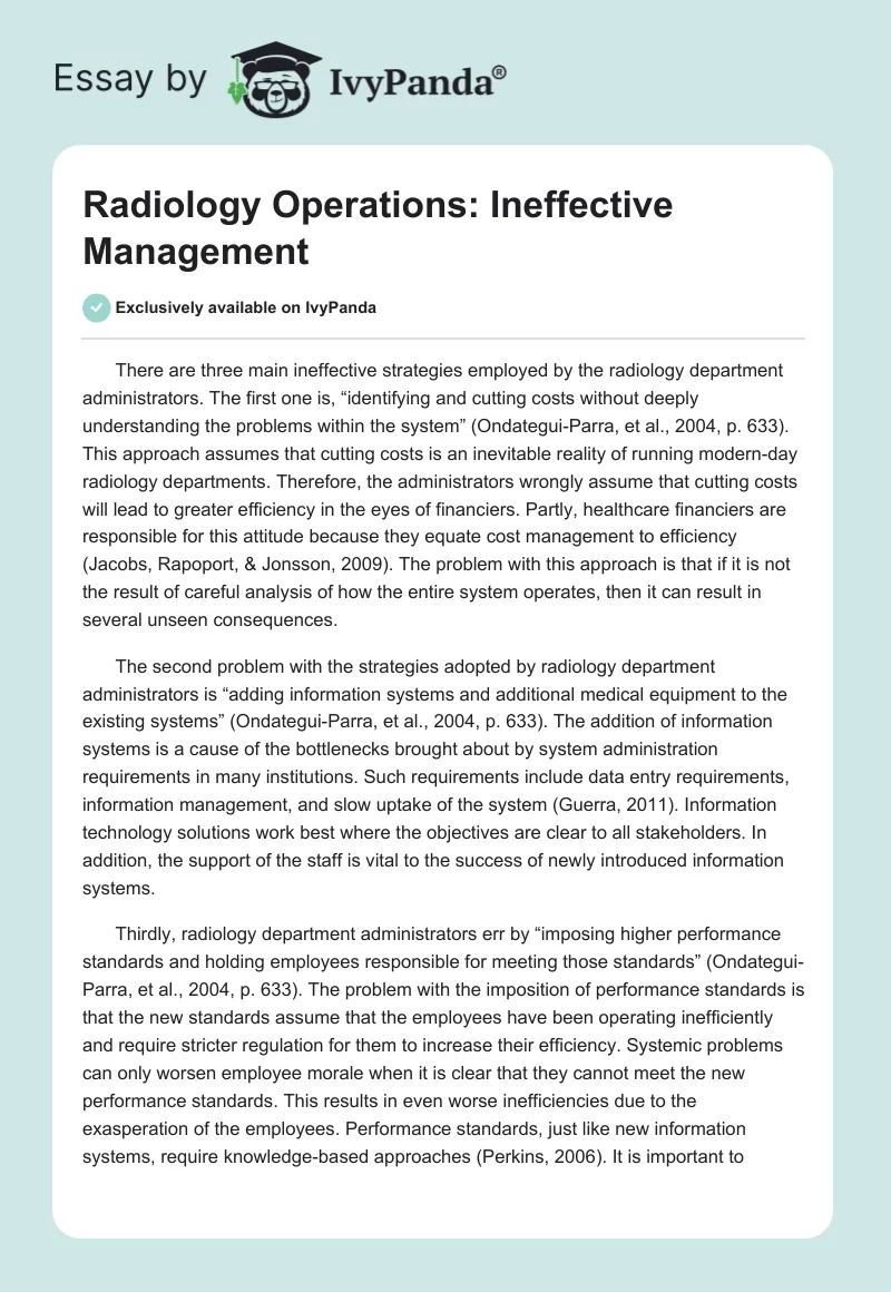 Radiology Operations: Ineffective Management. Page 1