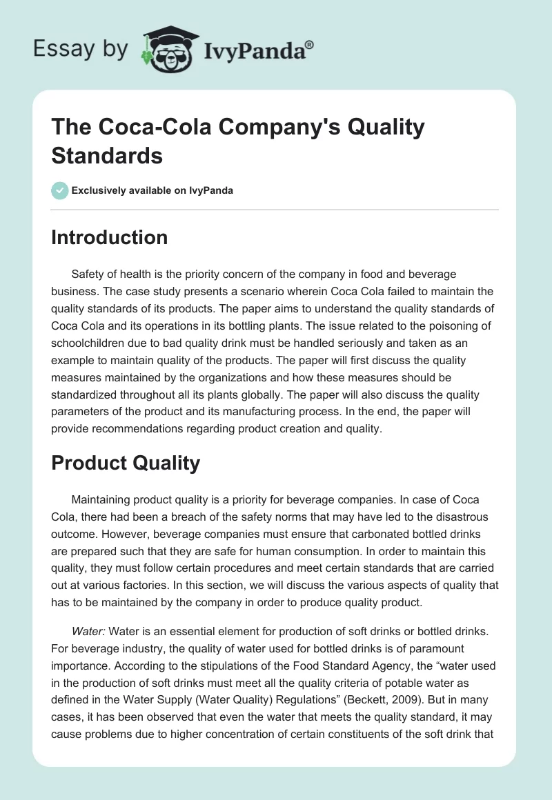 The Coca-Cola Company's Quality Standards. Page 1