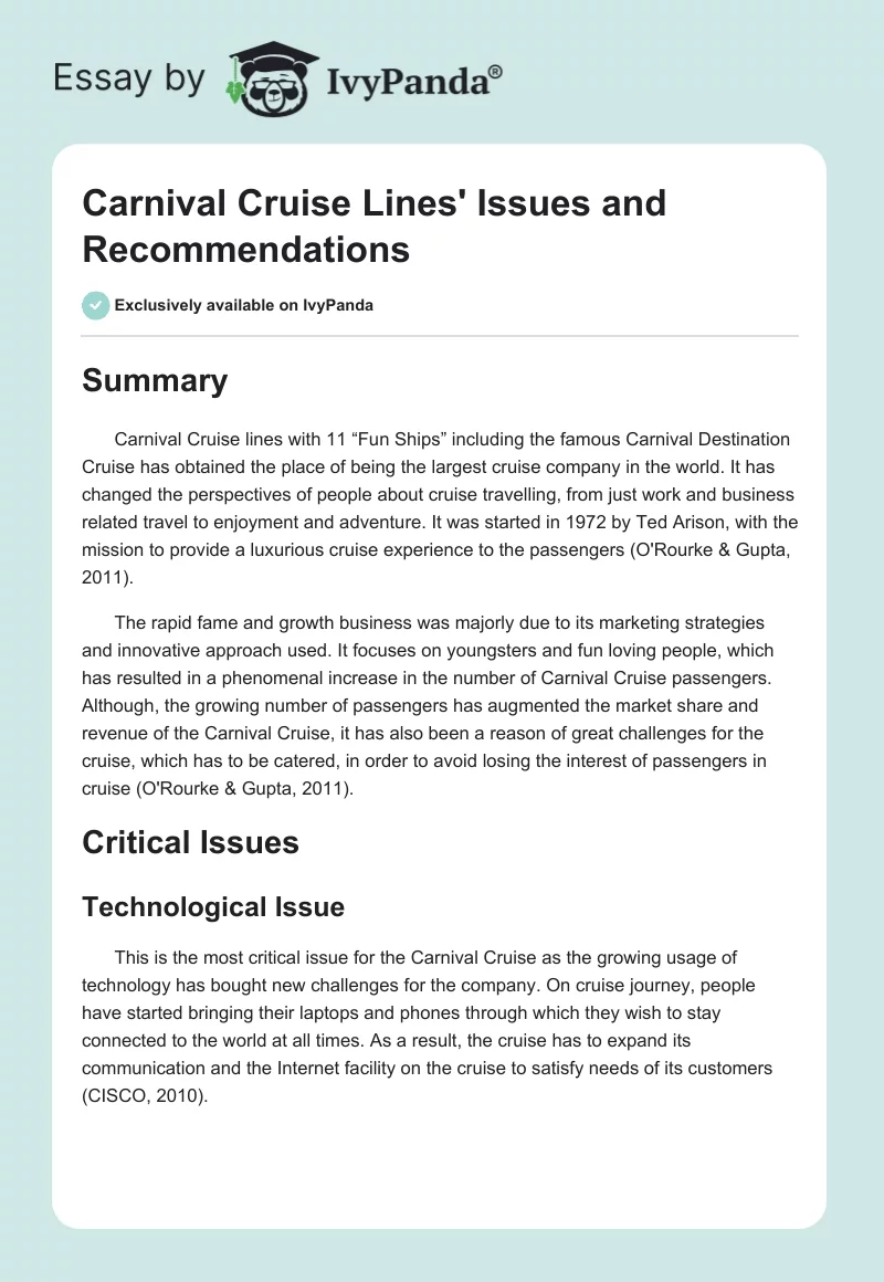 Carnival Cruise Lines' Issues and Recommendations. Page 1