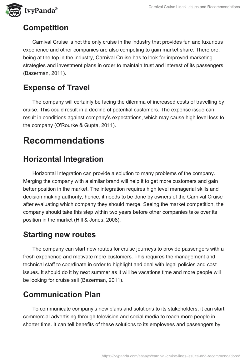 Carnival Cruise Lines' Issues and Recommendations. Page 2