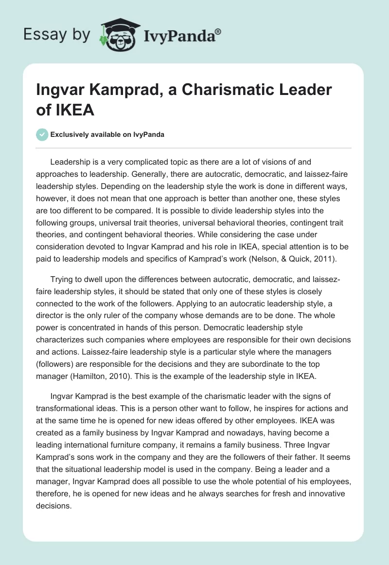 Ingvar Kamprad, a Charismatic Leader of IKEA. Page 1
