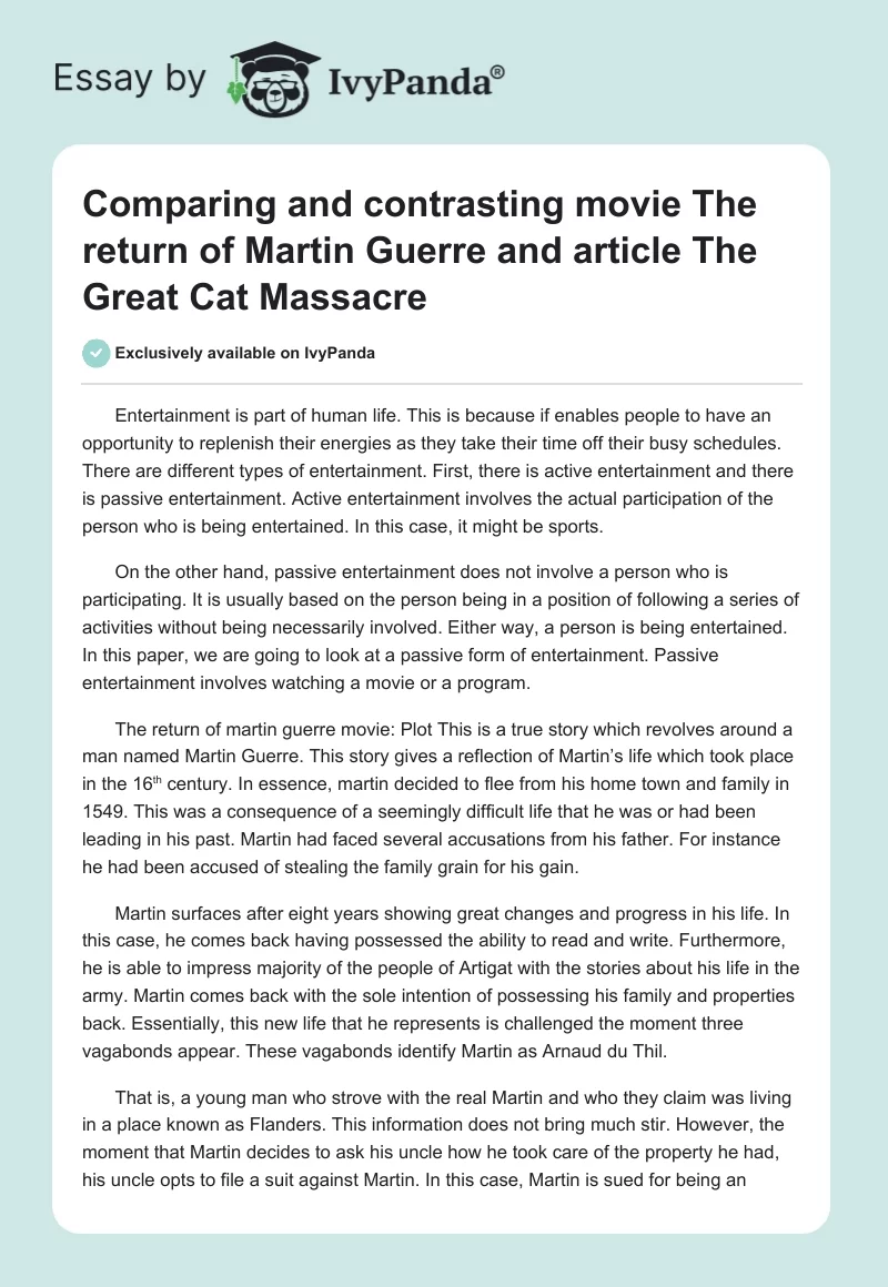 Comparing and Contrasting Movie "The Return of Martin Guerre" and Article "The Great Cat Massacre". Page 1