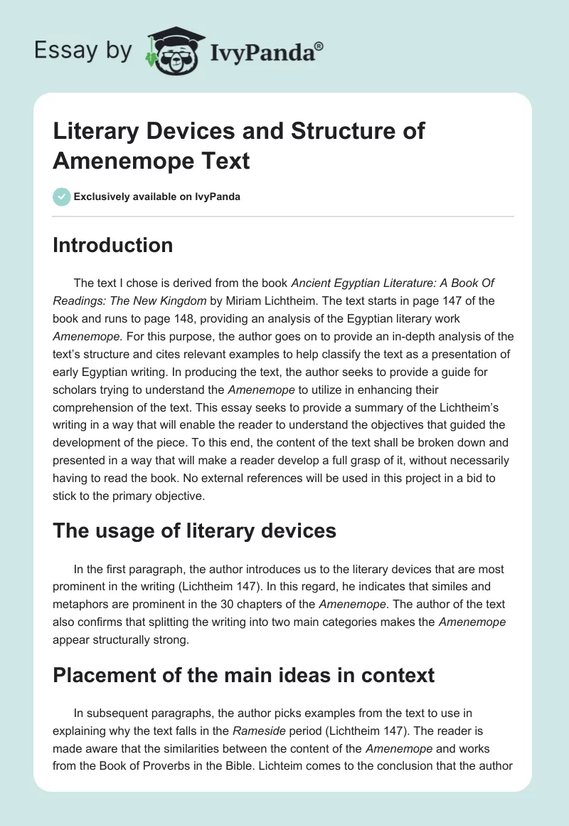 Literary Devices and Structure of Amenemope Text. Page 1