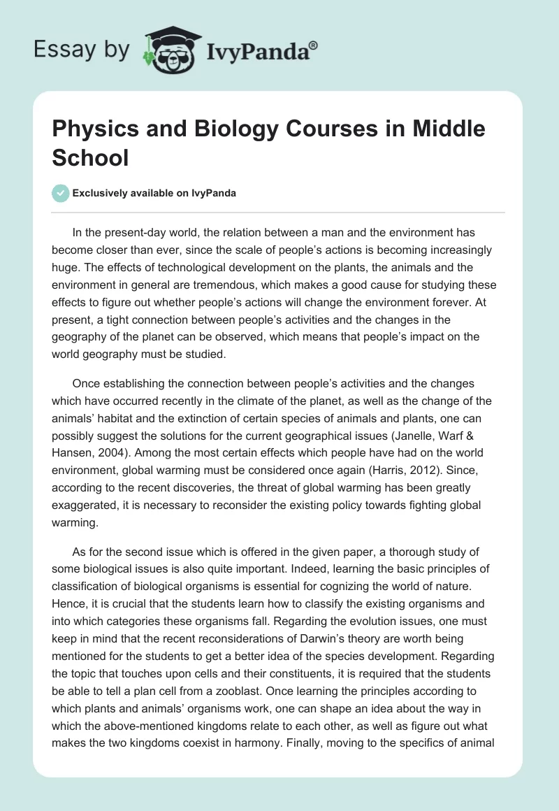 Physics and Biology Courses in Middle School. Page 1