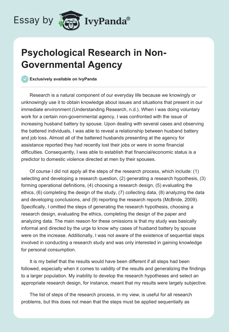 Psychological Research in Non-Governmental Agency. Page 1