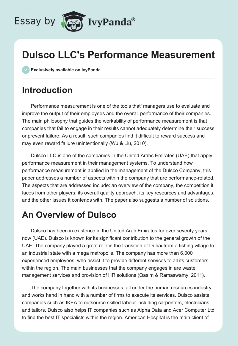 Dulsco LLC's Performance Measurement. Page 1