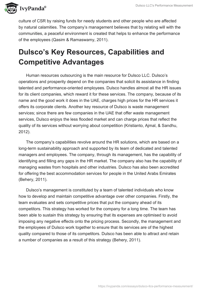 Dulsco LLC's Performance Measurement. Page 5