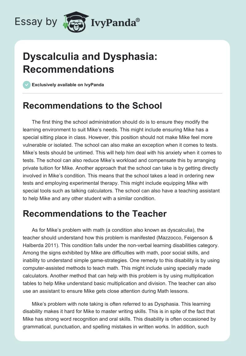 Dyscalculia and Dysphasia: Recommendations. Page 1