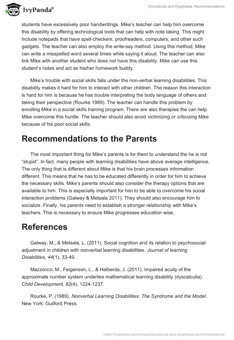 Dyscalculia and Dysphasia: Recommendations. Page 2