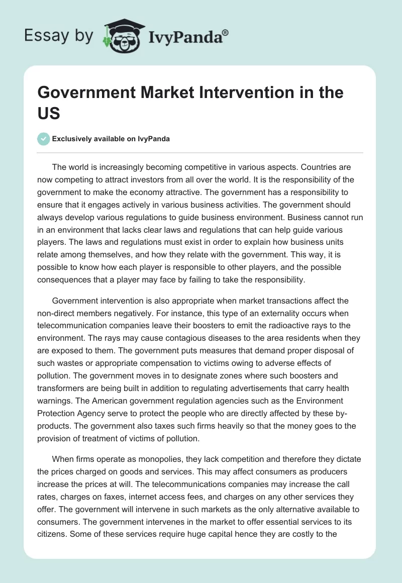 Government Market Intervention in the US. Page 1