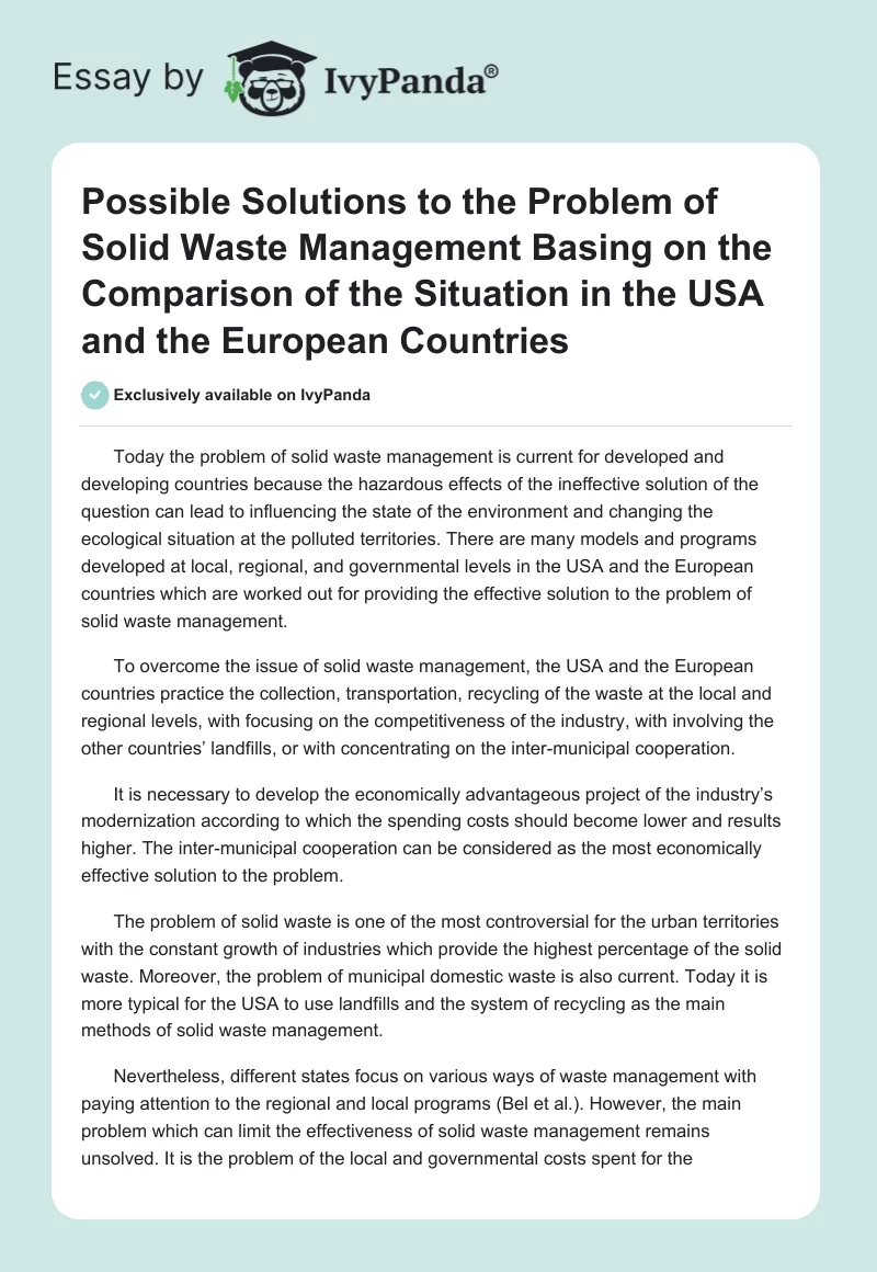 Possible Solutions to the Problem of Solid Waste Management Basing on the Comparison of the Situation in the USA and the European Countries. Page 1