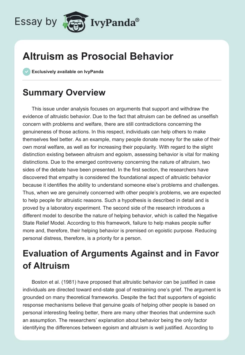 Altruism as Prosocial Behavior. Page 1