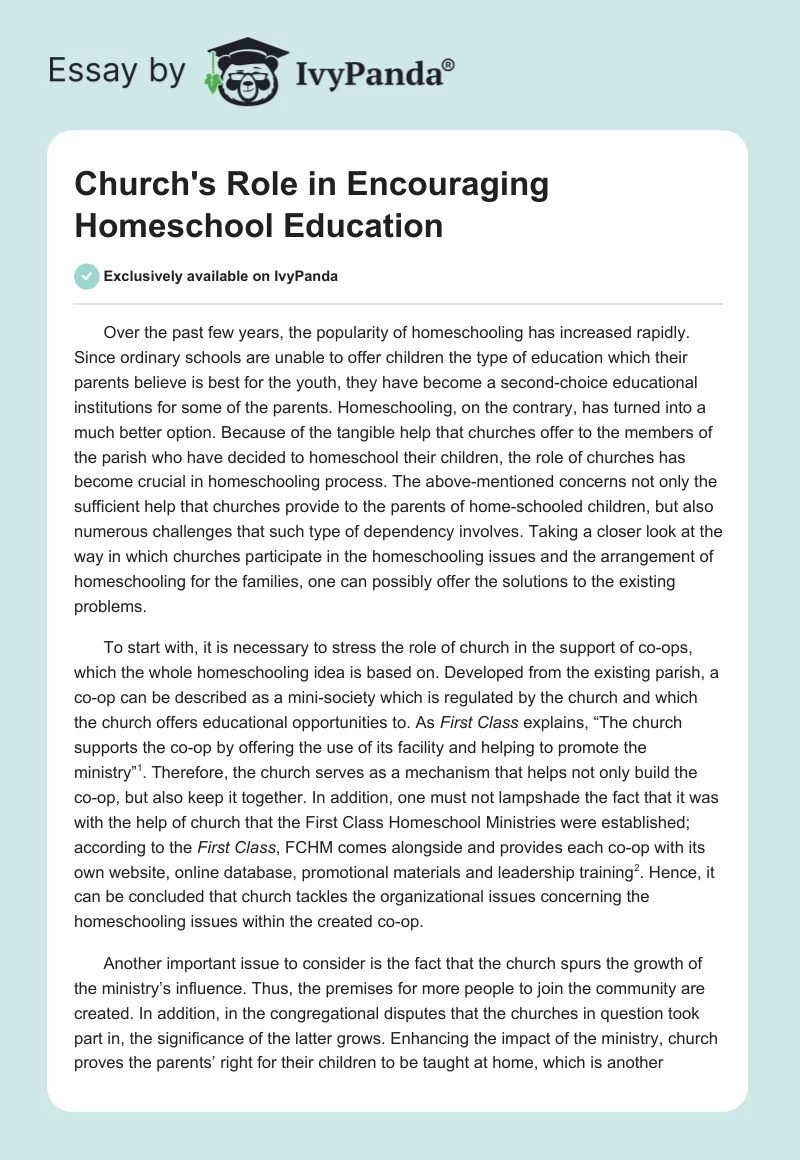 Church's Role in Encouraging Homeschool Education. Page 1