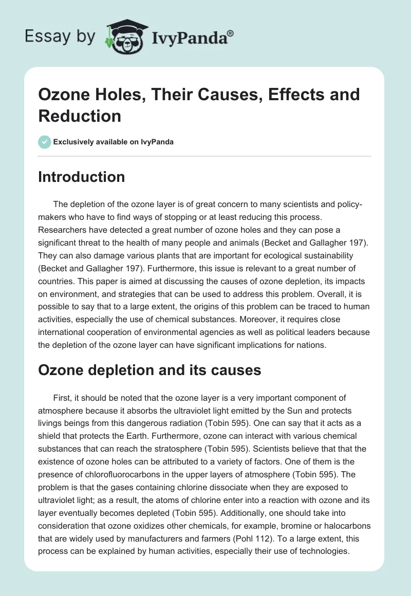 Ozone Holes, Their Causes, Effects and Reduction. Page 1