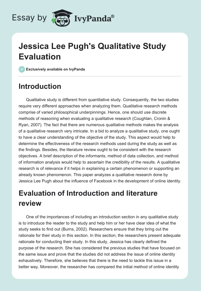 Jessica Lee Pugh's Qualitative Study Evaluation. Page 1