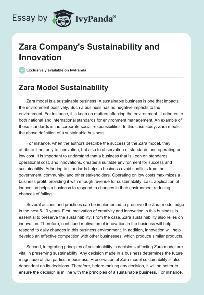 Zara Company's Sustainability and Innovation. Page 1