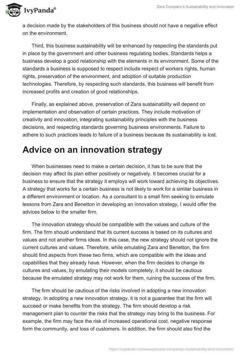 Zara Company's Sustainability and Innovation. Page 2