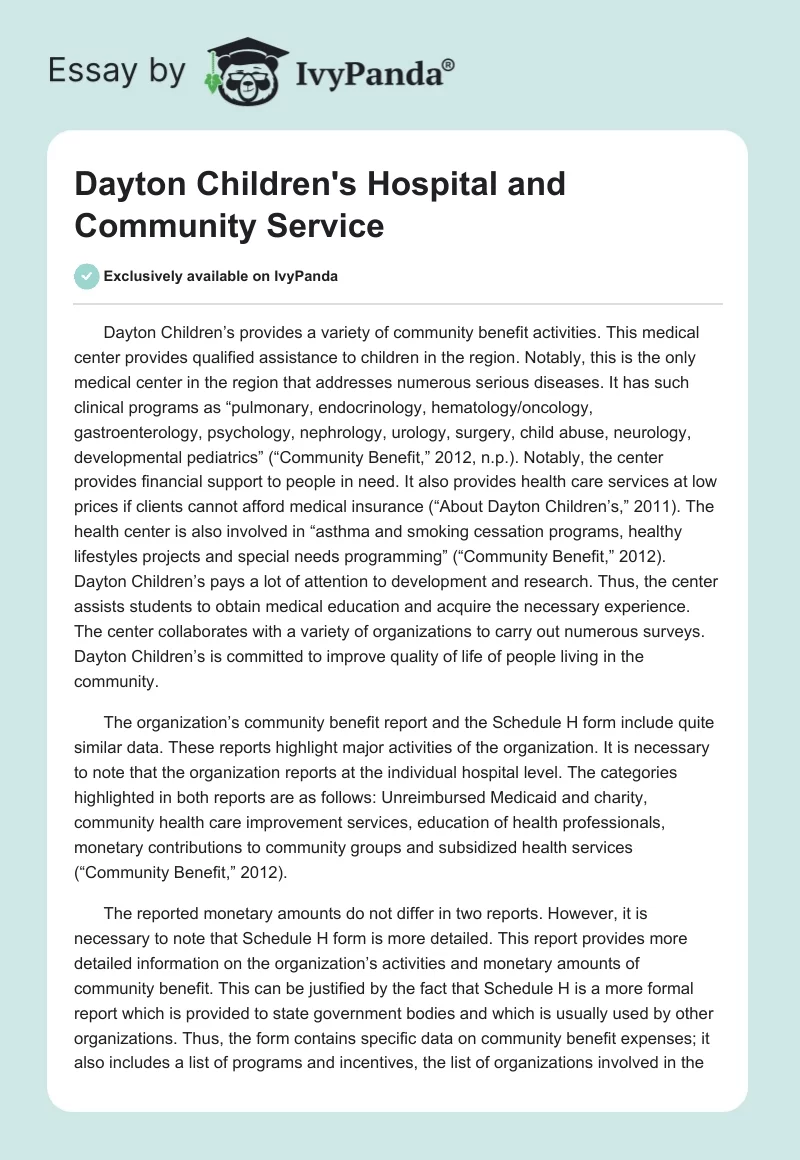 Dayton Children's Hospital and Community Service. Page 1