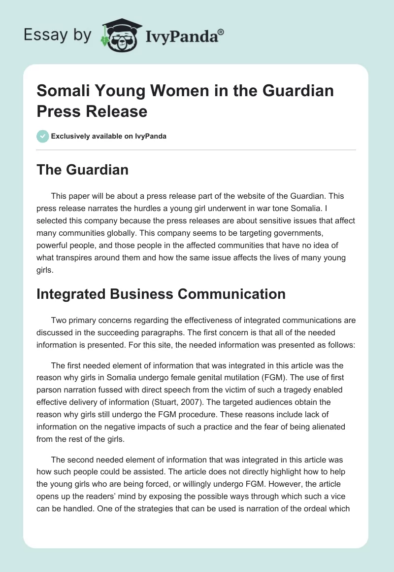 Somali Young Women in the Guardian Press Release. Page 1