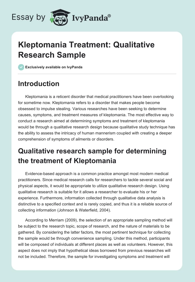 Kleptomania Treatment: Qualitative Research Sample. Page 1