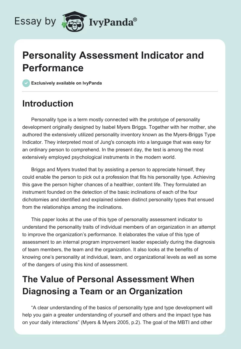 Personality Assessment Indicator and Performance. Page 1