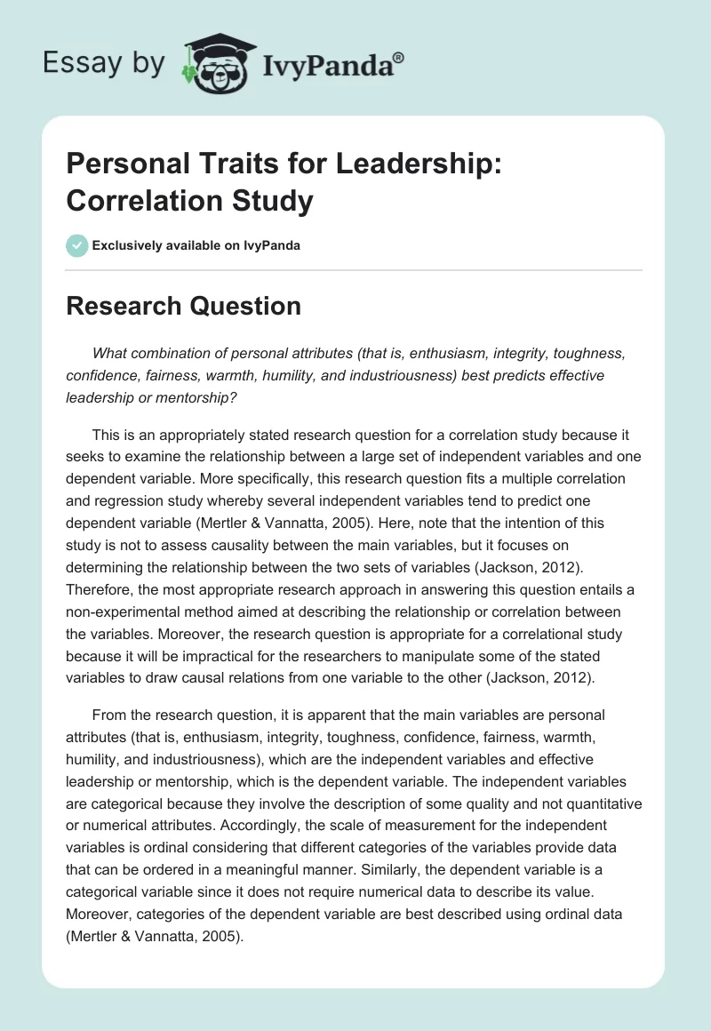 Personal Traits for Leadership: Correlation Study. Page 1