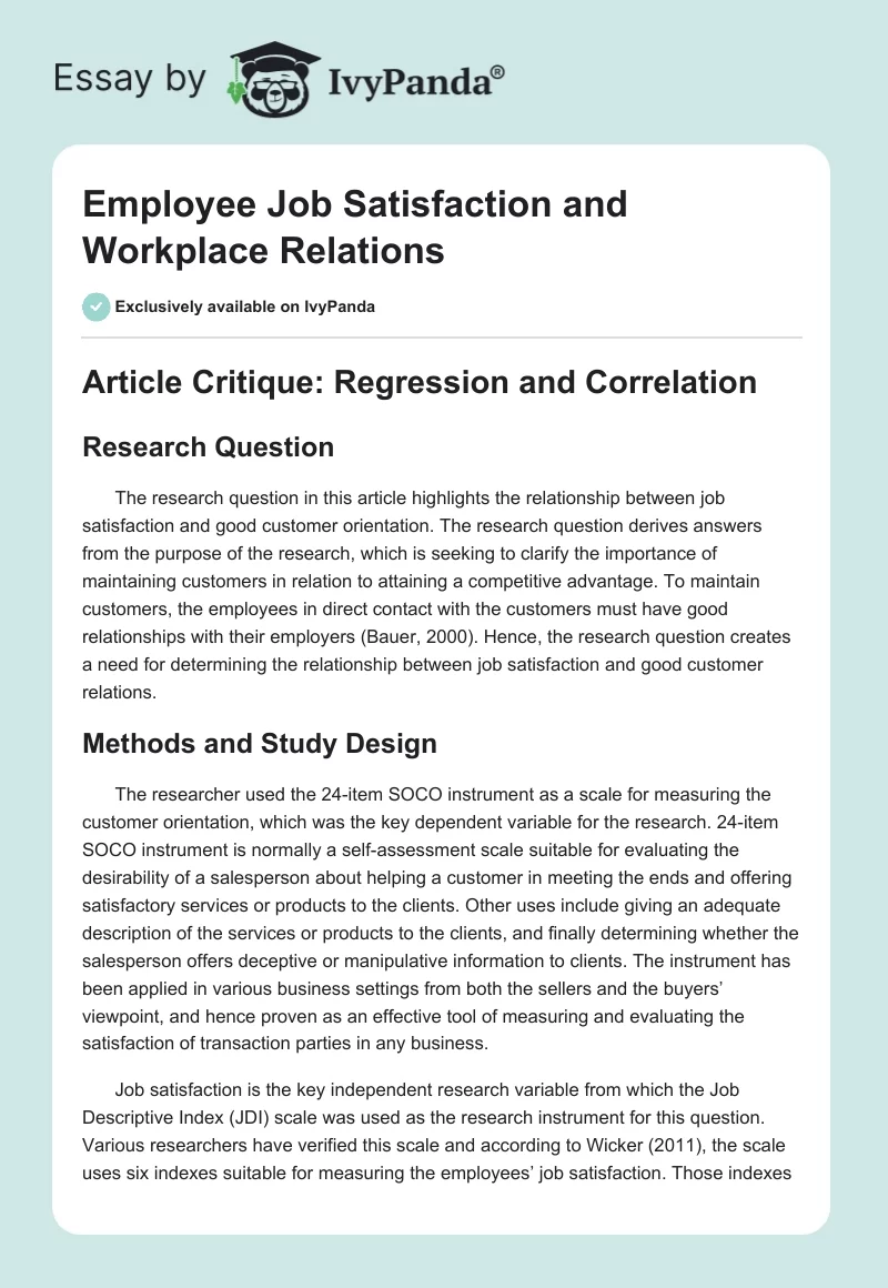 Employee Job Satisfaction and Workplace Relations. Page 1
