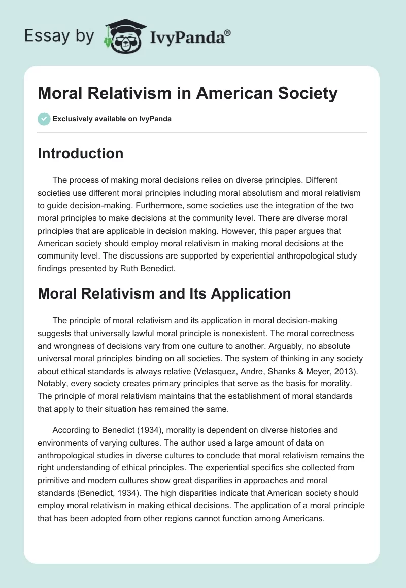 Moral Relativism in American Society. Page 1