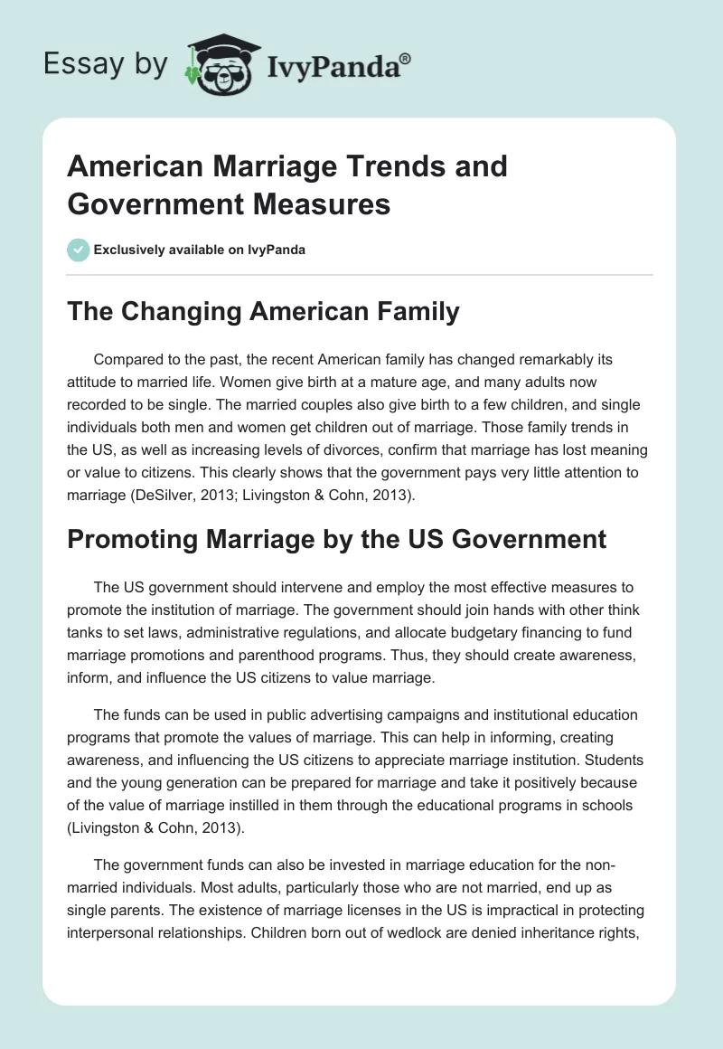 American Marriage Trends and Government Measures. Page 1