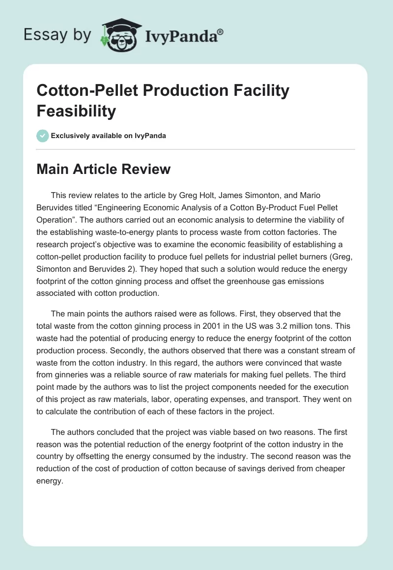 Cotton-Pellet Production Facility Feasibility. Page 1
