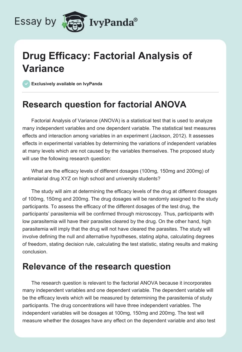 Drug Efficacy: Factorial Analysis of Variance. Page 1