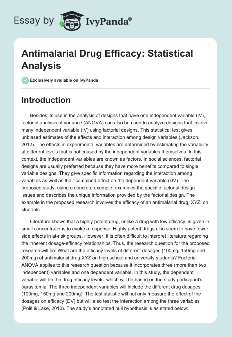 Antimalarial Drug Efficacy: Statistical Analysis. Page 1