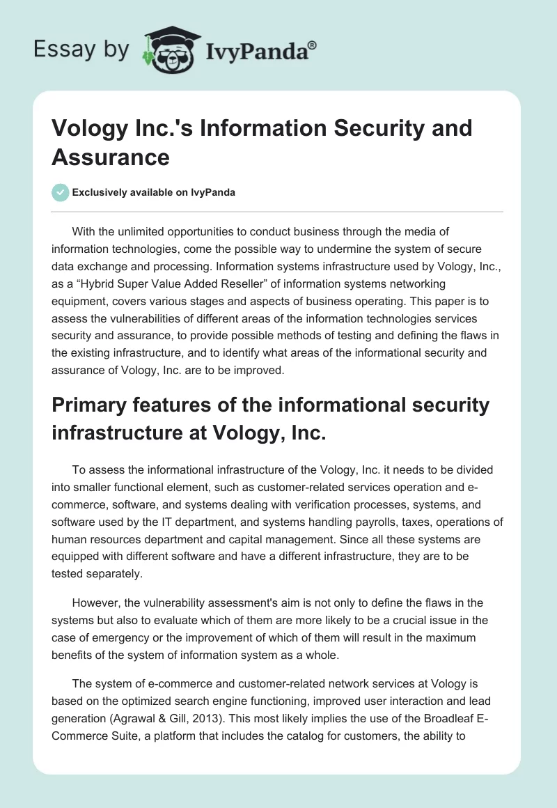 Vology Inc.'s Information Security and Assurance. Page 1
