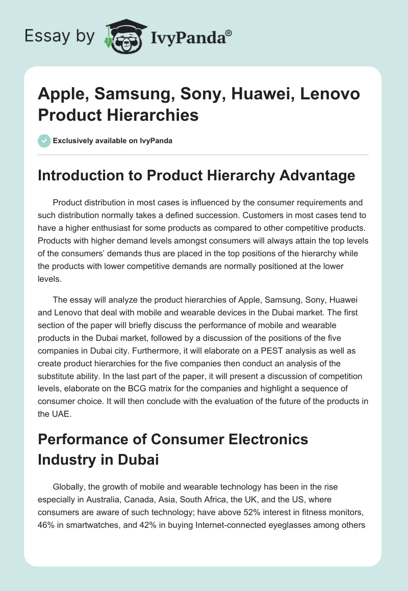 Apple, Samsung, Sony, Huawei, Lenovo Product Hierarchies. Page 1