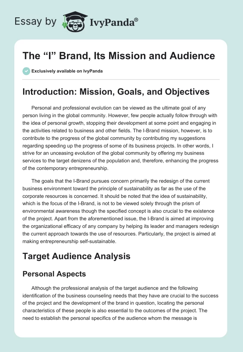 The “I” Brand, Its Mission and Audience. Page 1