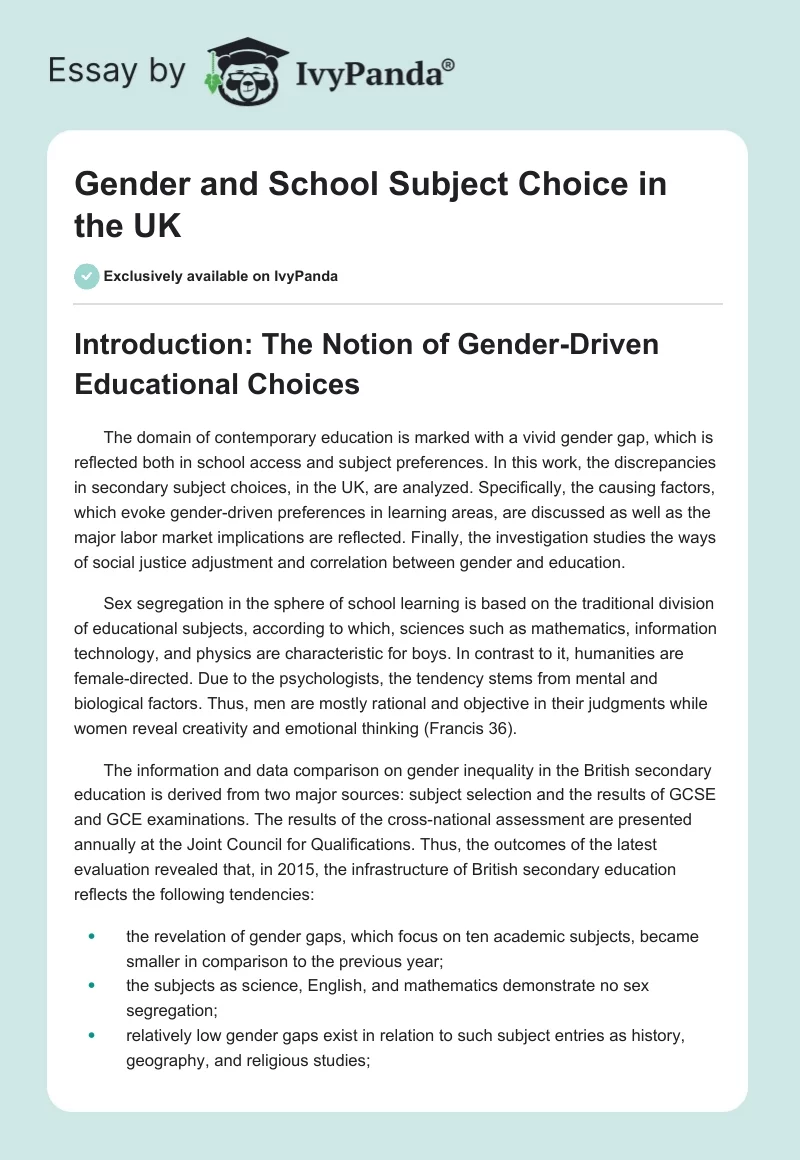 Gender and School Subject Choice in the UK. Page 1